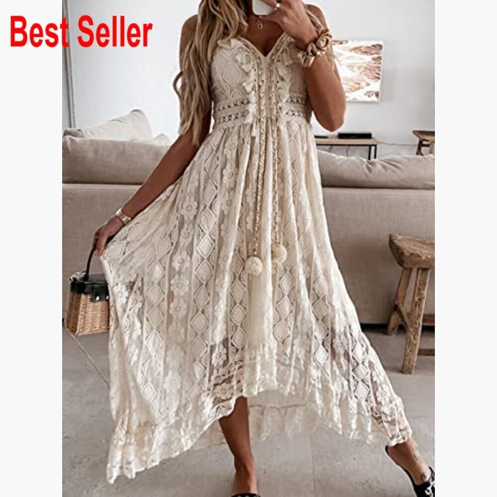 Cotton Blend Maxi Dress with Lace Tassel Adjustable Straps Sleeveless - Picture 2 of 7